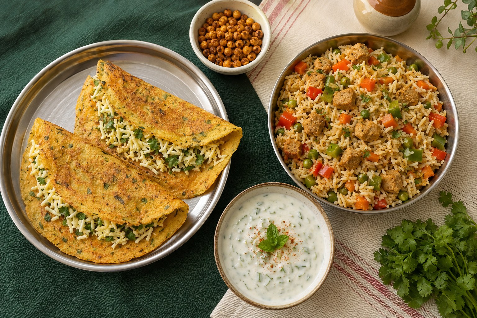 Paneer-filled besan chillas beside soy-chunk vegetable rice, thick cucumber raita and roasted chana