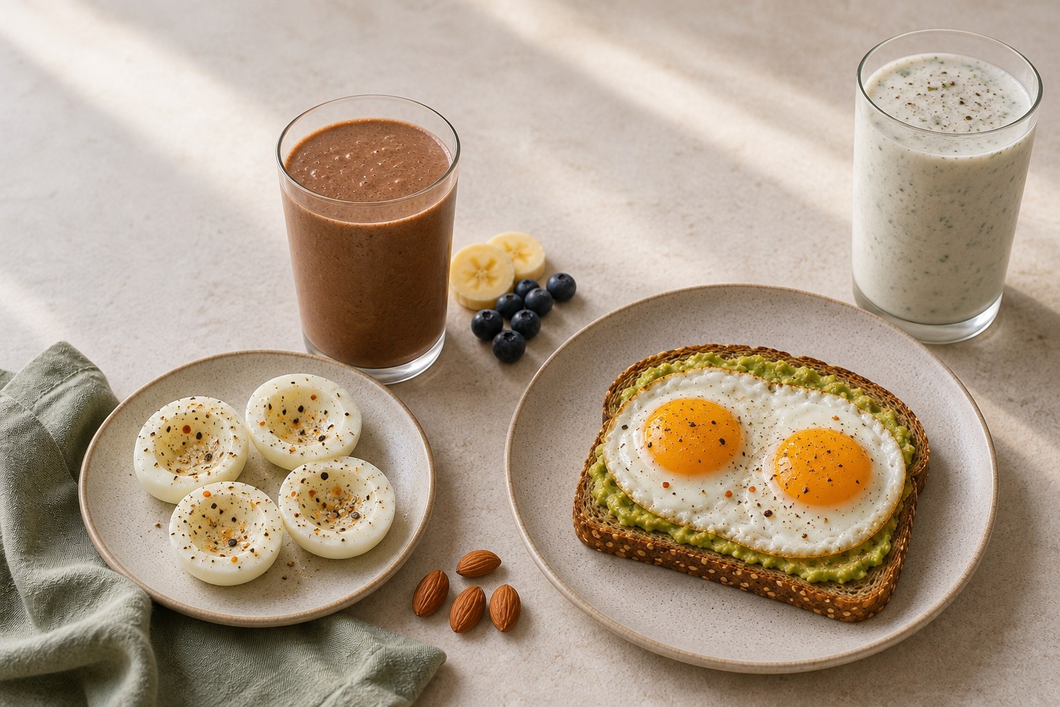 Illustrated meal setup with seasoned boiled egg whites, a chocolate smoothie, one avocado toast with two fried eggs, four almonds and Greek-yogurt chaas