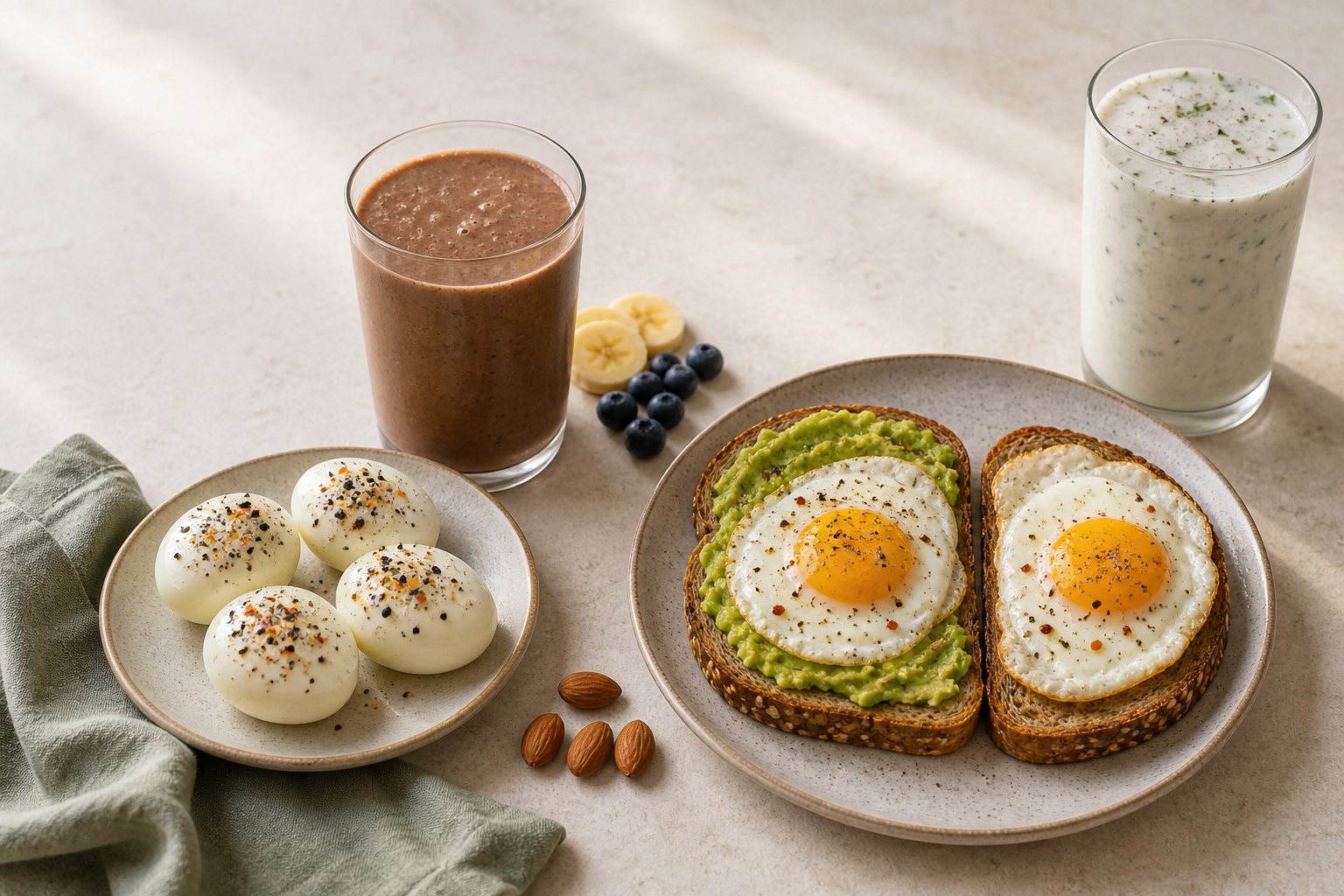 Seasoned egg whites and a chocolate protein smoothie for breakfast, with fried eggs on avocado toast and Greek-yogurt chaas for lunch