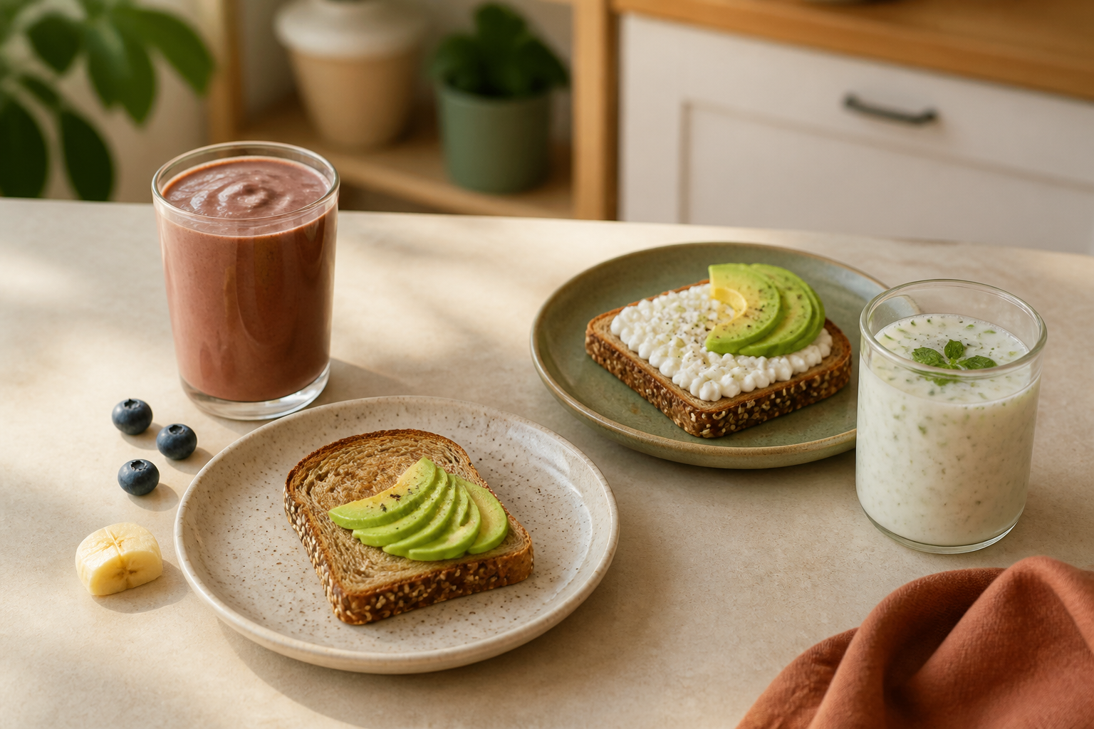 Chocolate Greek-yogurt protein smoothie and avocado toast beside cottage-cheese avocado toast and Greek-yogurt chaas